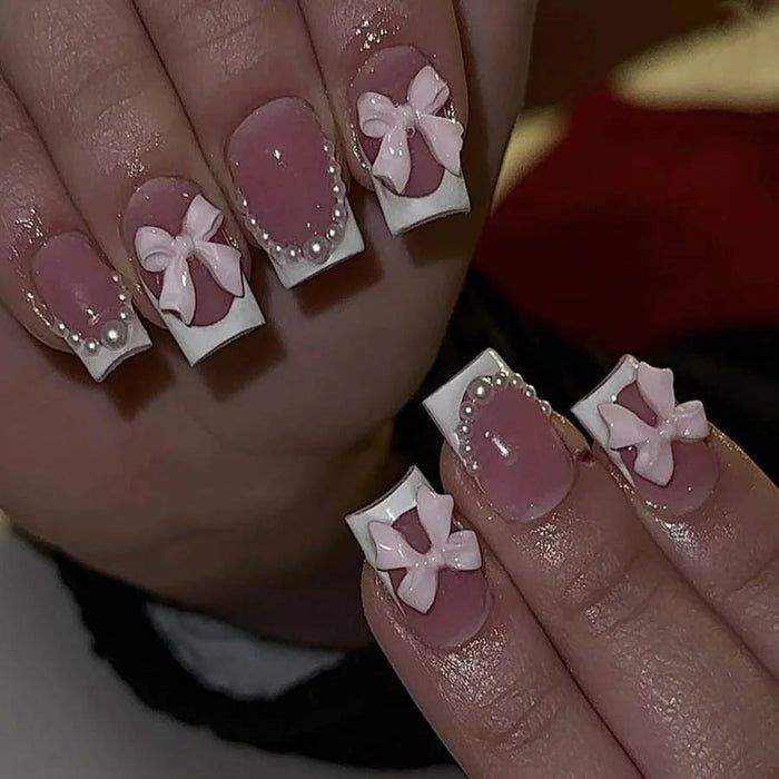Mauve Pink French Tip Press On Nails With 3D White Bows and Pearl Accents