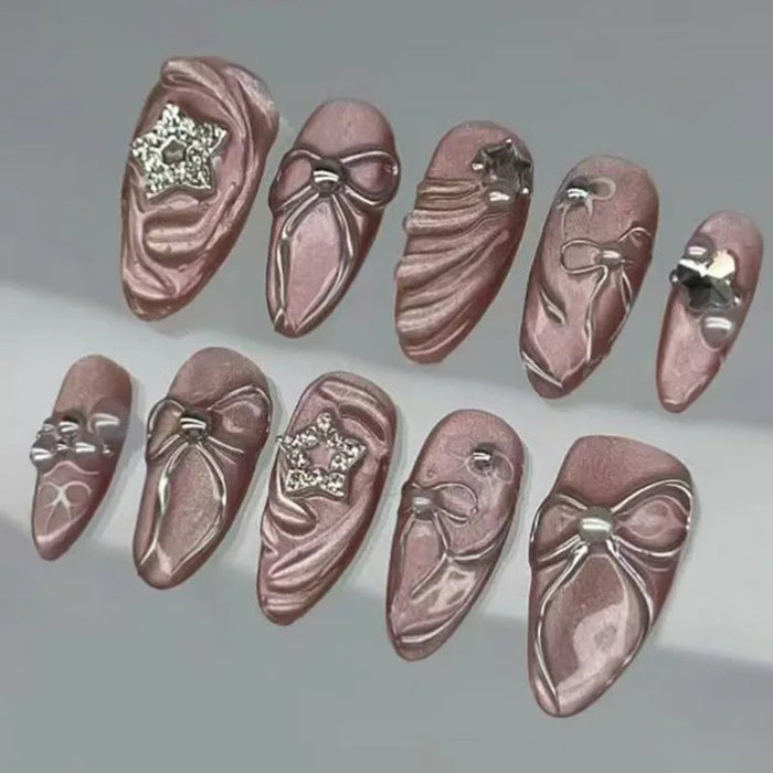 Mauve Pink Metallic Bow and Sculpted Swirl Press On Nails