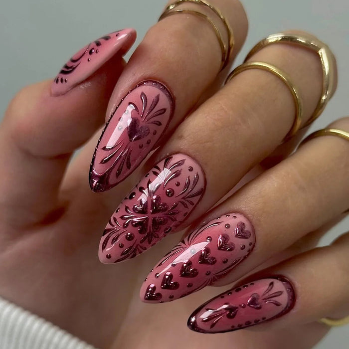 Mauve Pink Press On Nails With Burgundy Floral Scrollwork and Heart Details