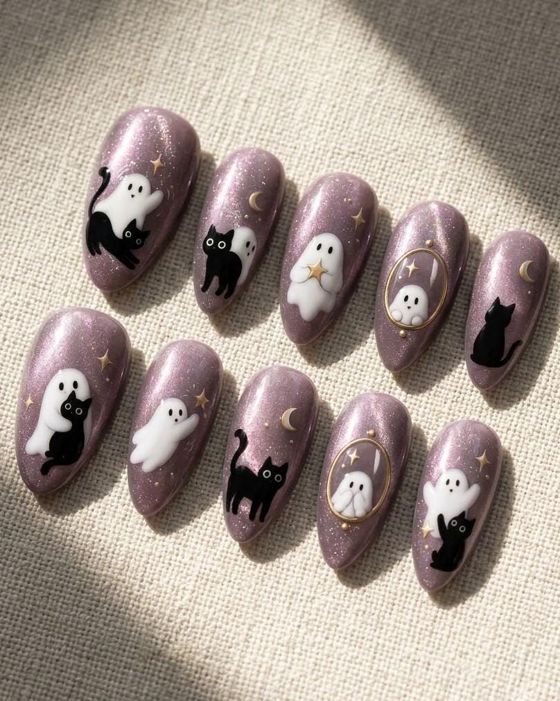 Mauve Purple Cat Eye Halloween Nails With Cats, Ghosts, Stars, and Moons