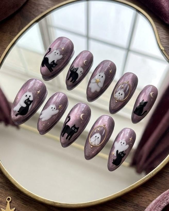 Mauve Purple Cat Eye Halloween Nails With Cats, Ghosts, Stars, and Moons
