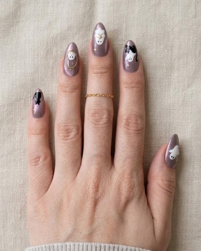 Mauve Purple Cat Eye Halloween Nails With Cats, Ghosts, Stars, and Moons