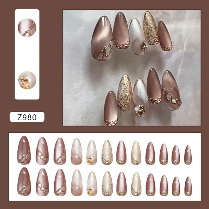Mauve Taupe Metallic Almond Press On Nails with Gold Glitter and Chain Details