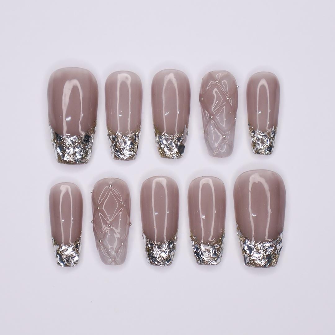 Mauve-Taupe Nails With Reflective Silver Foil French Tips