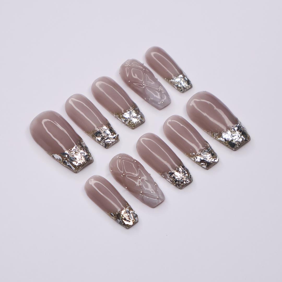 Mauve-Taupe Nails With Reflective Silver Foil French Tips