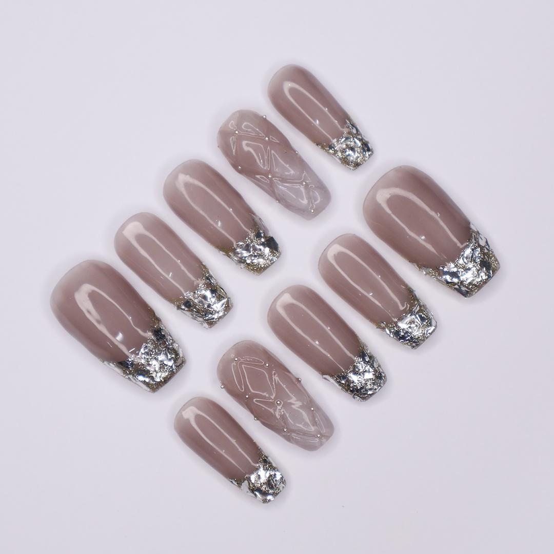 Mauve-Taupe Nails With Reflective Silver Foil French Tips