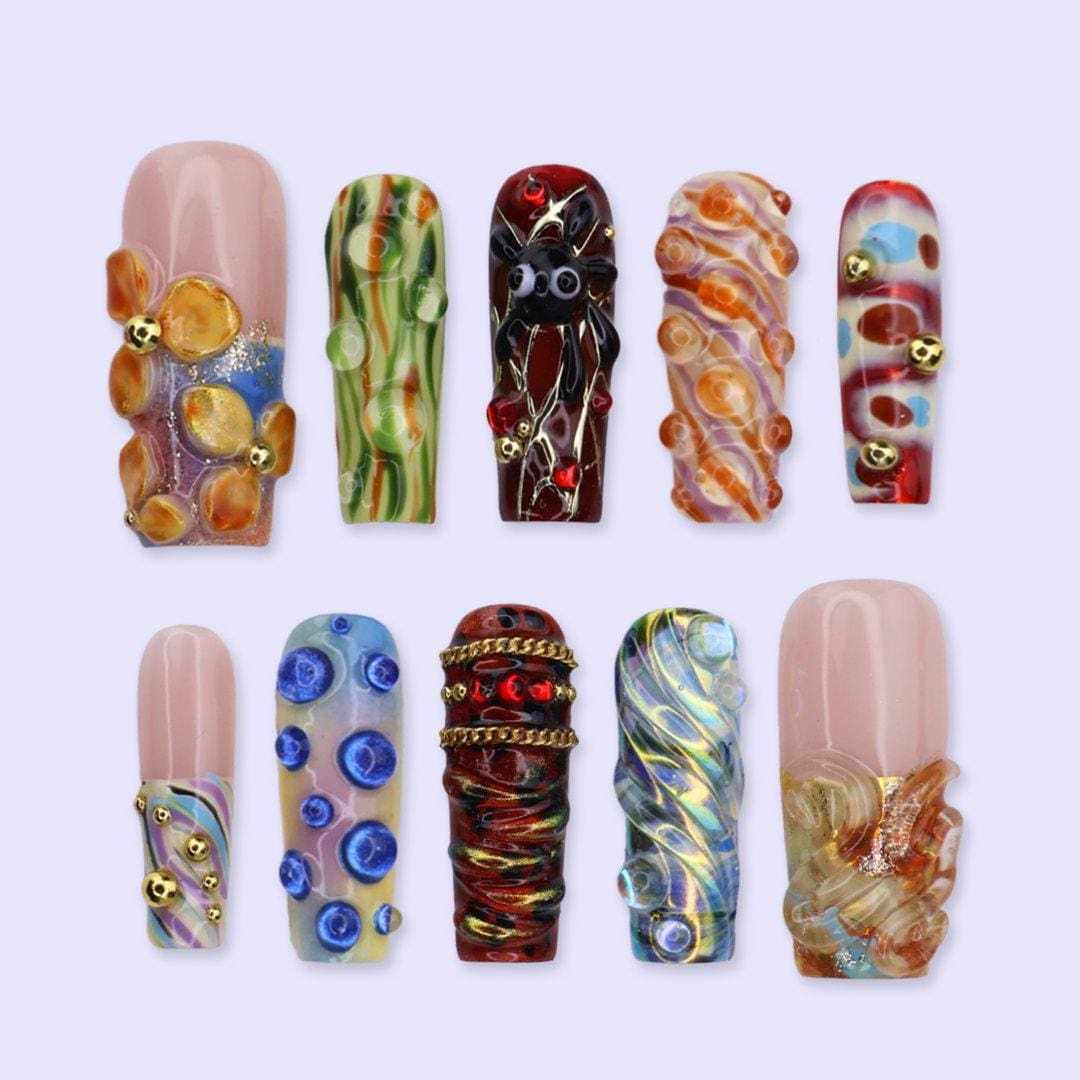 Maximalist Abstract Glass Art Press On Nails With 3D Bubbles and Chrome