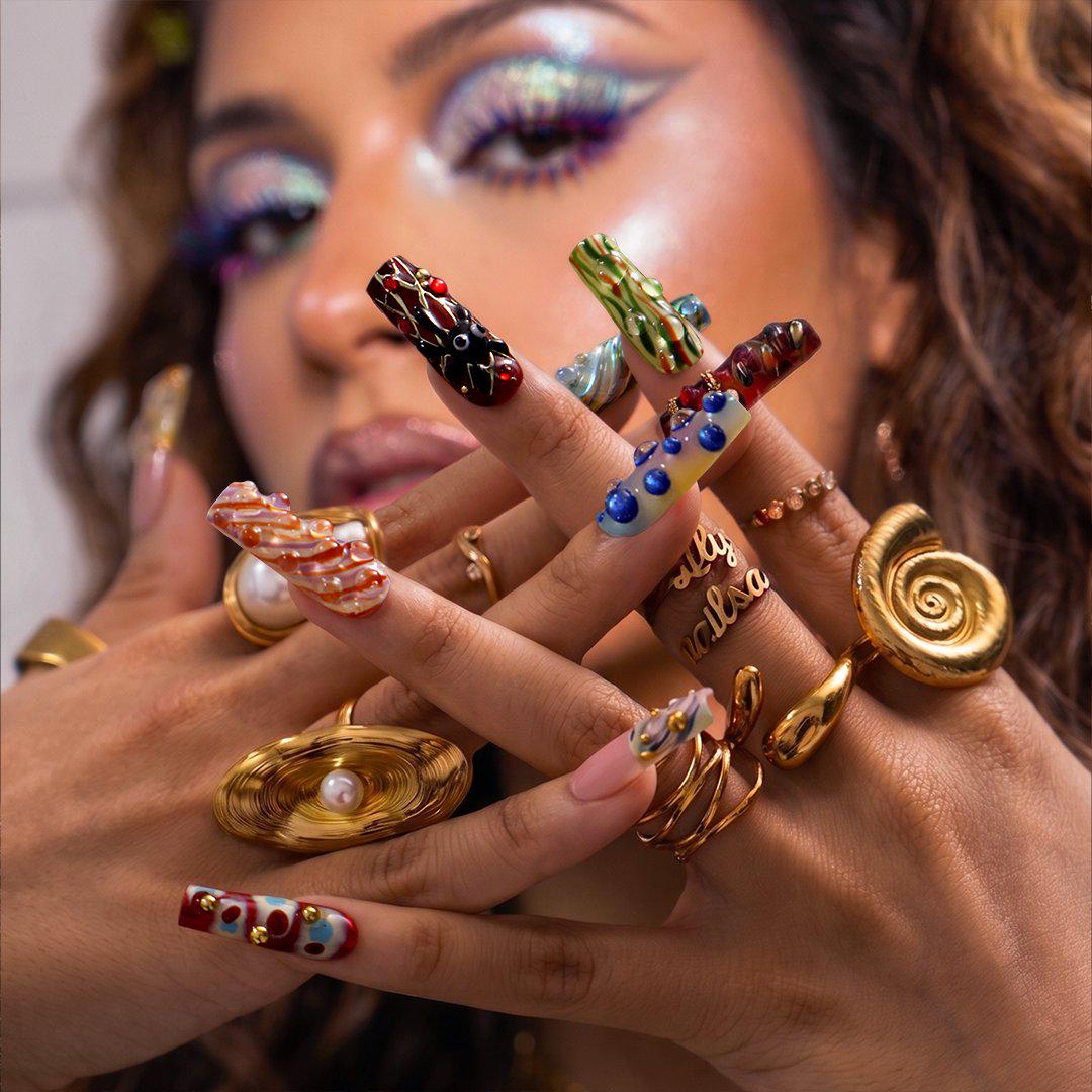 Maximalist Abstract Glass Art Press On Nails With 3D Bubbles and Chrome