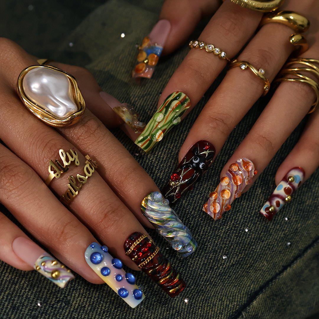 Maximalist Abstract Glass Art Press On Nails With 3D Bubbles and Chrome