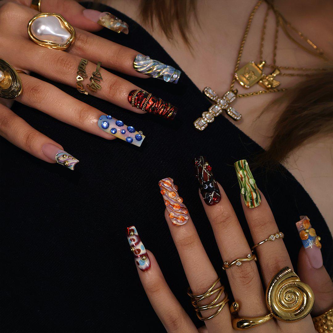 Maximalist Abstract Glass Art Press On Nails With 3D Bubbles and Chrome
