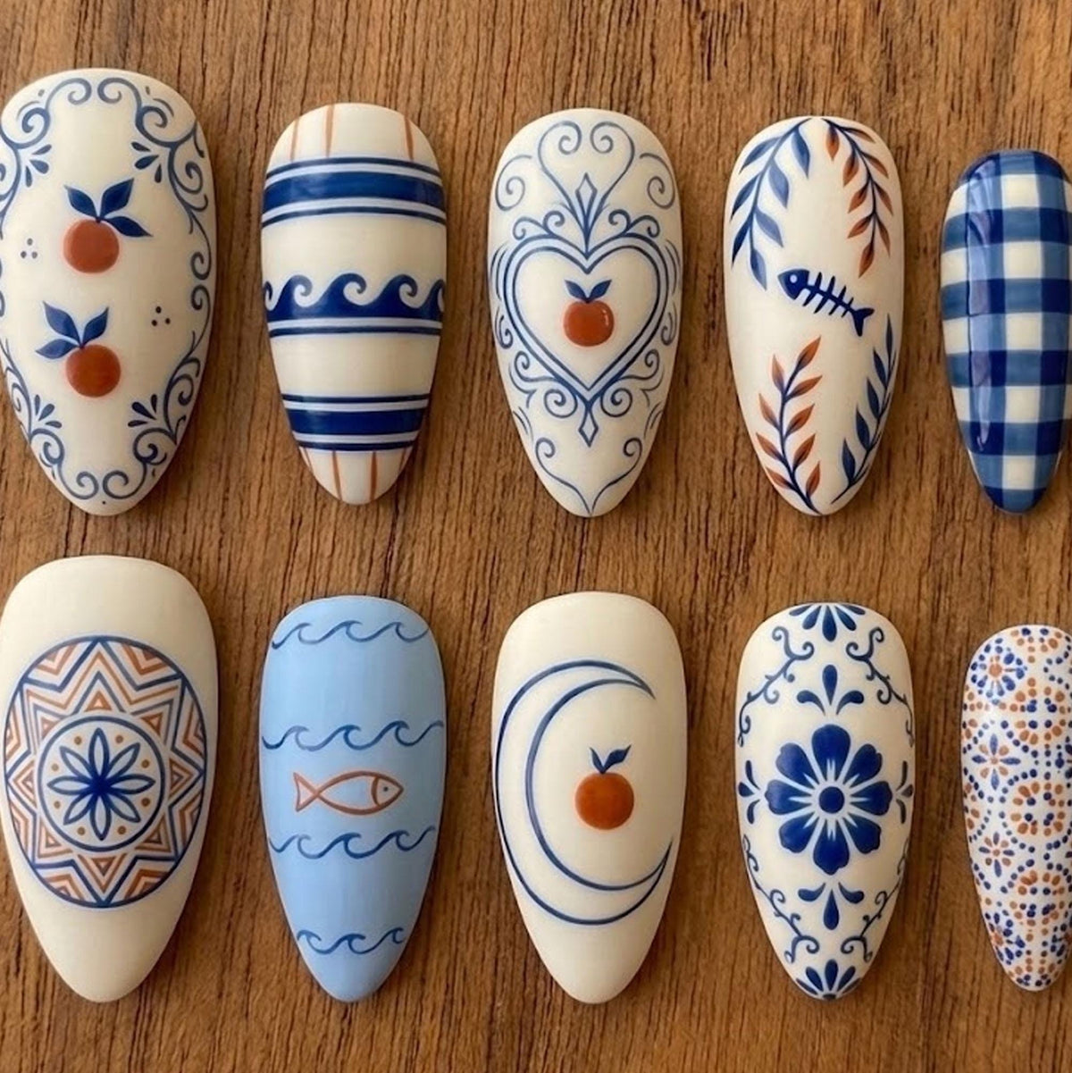 Mediterranean Blue Tile and Orange Fish Press-On Nail Set
