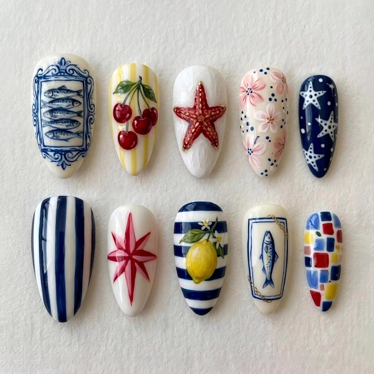 Mediterranean Coastal Nail Set with Lemons, Cherries, Fish and Starfish
