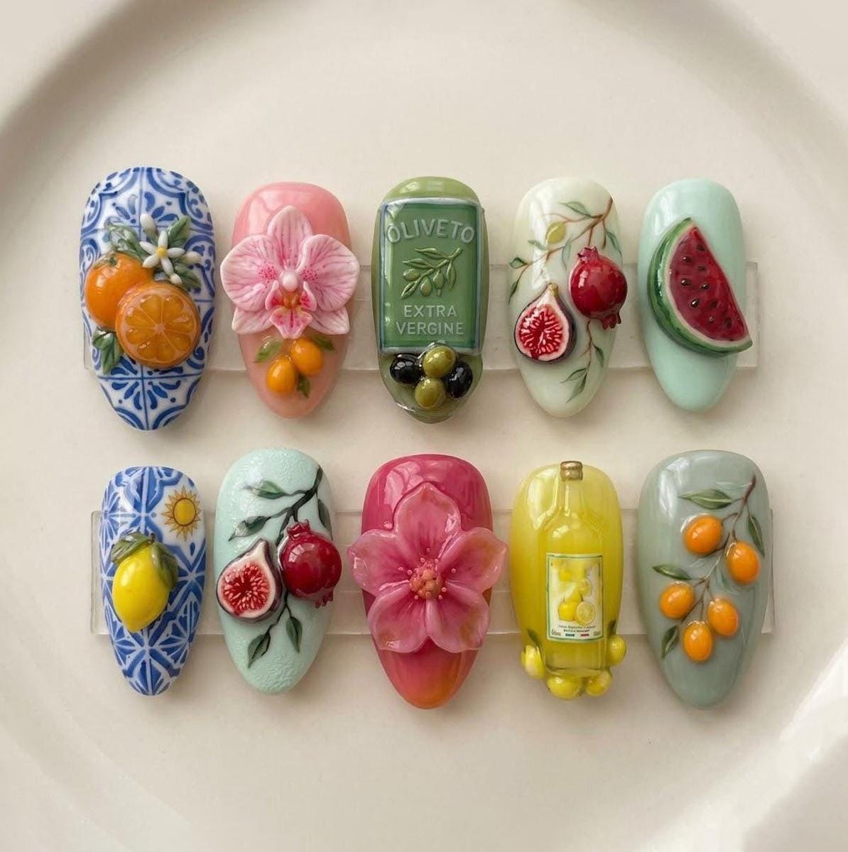 Mediterranean Fruit and Blue Tile Press-On Nail Set