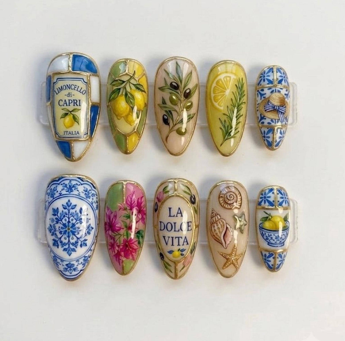Mediterranean Maiolica Tile Nails With Lemons, Olive Branches and Raised Gold Details