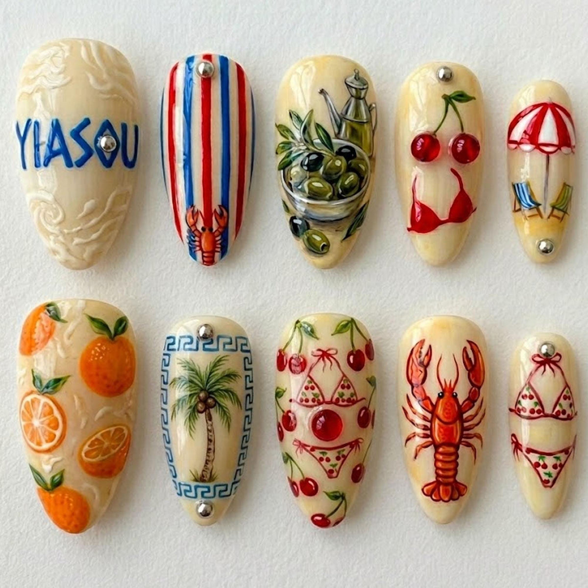 Mediterranean Summer Nail Set With Olives, Citrus, Cherries and Lobster Art