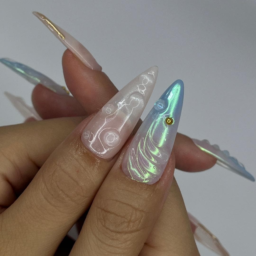Mermaid-Inspired Iridescent Blue-Green and Blush Nude Press-On Nail Set with Gold Details