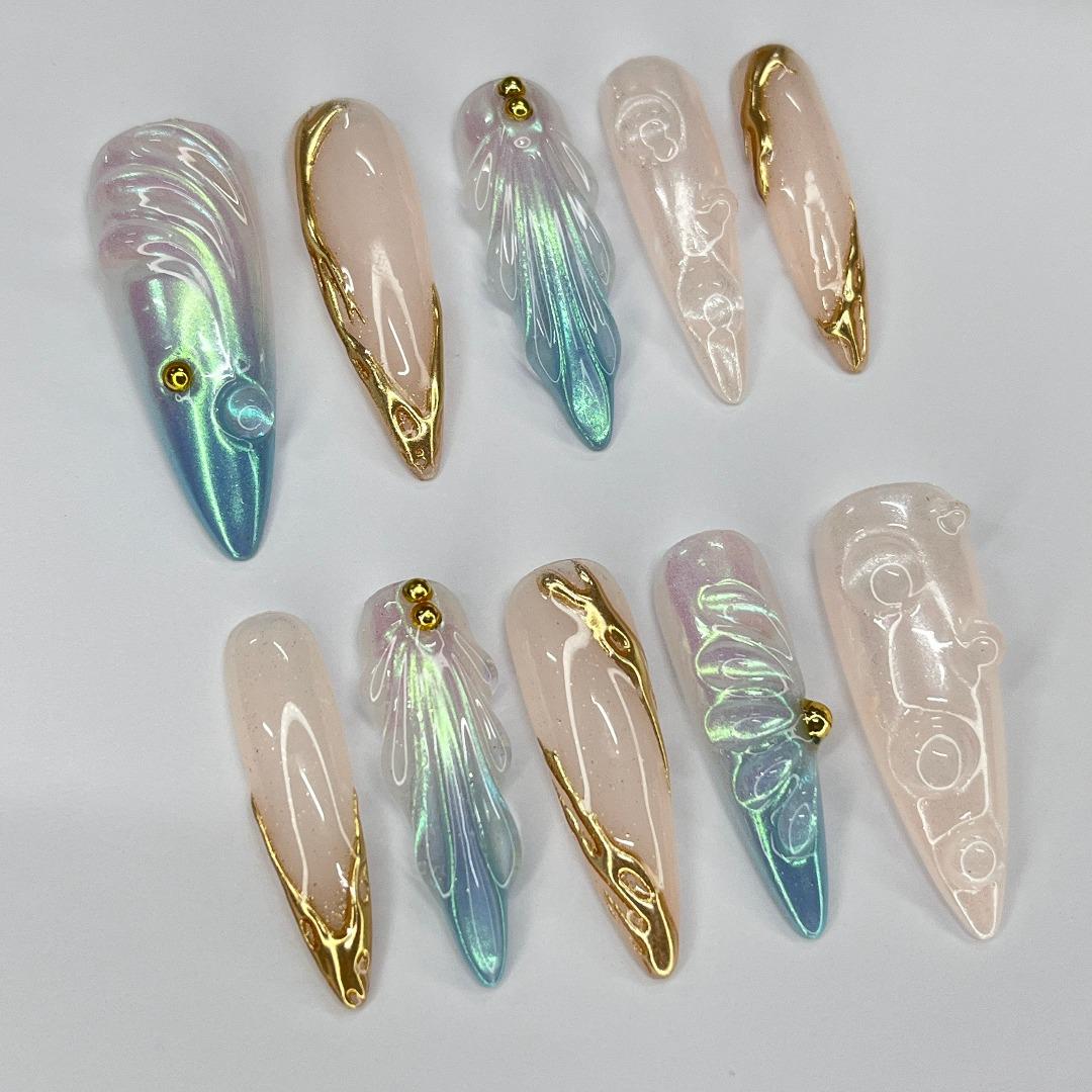Mermaid-Inspired Iridescent Blue-Green and Blush Nude Press-On Nail Set with Gold Details