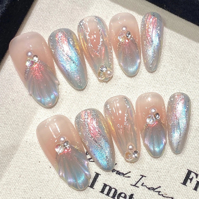 Mermaid Iridescent French Tip Press On Nails With Rhinestones and Pearl Accents