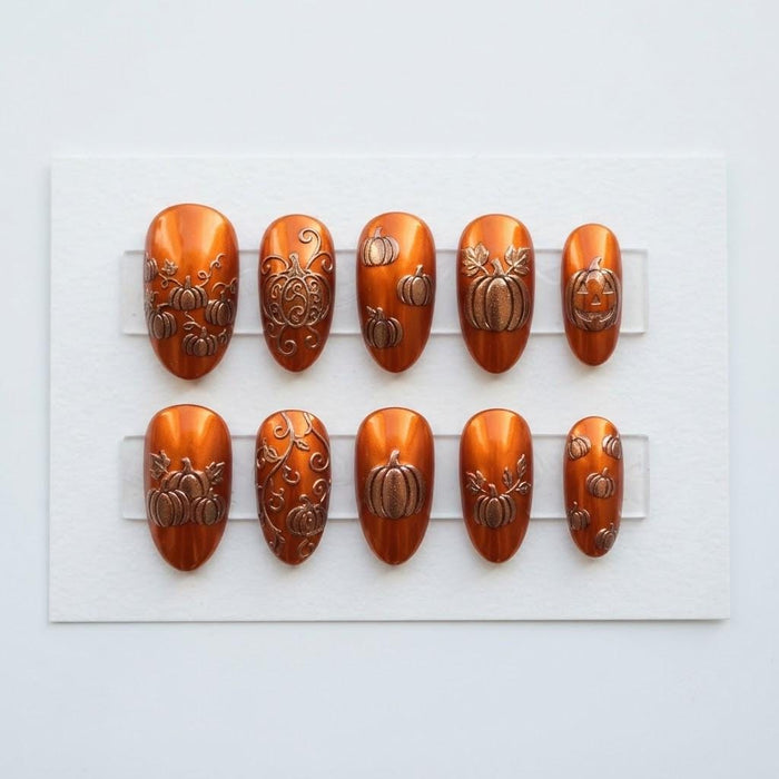 Metallic Copper Pumpkin and Jack-o’-Lantern Press On Nails for Fall, Halloween, and Thanksgiving