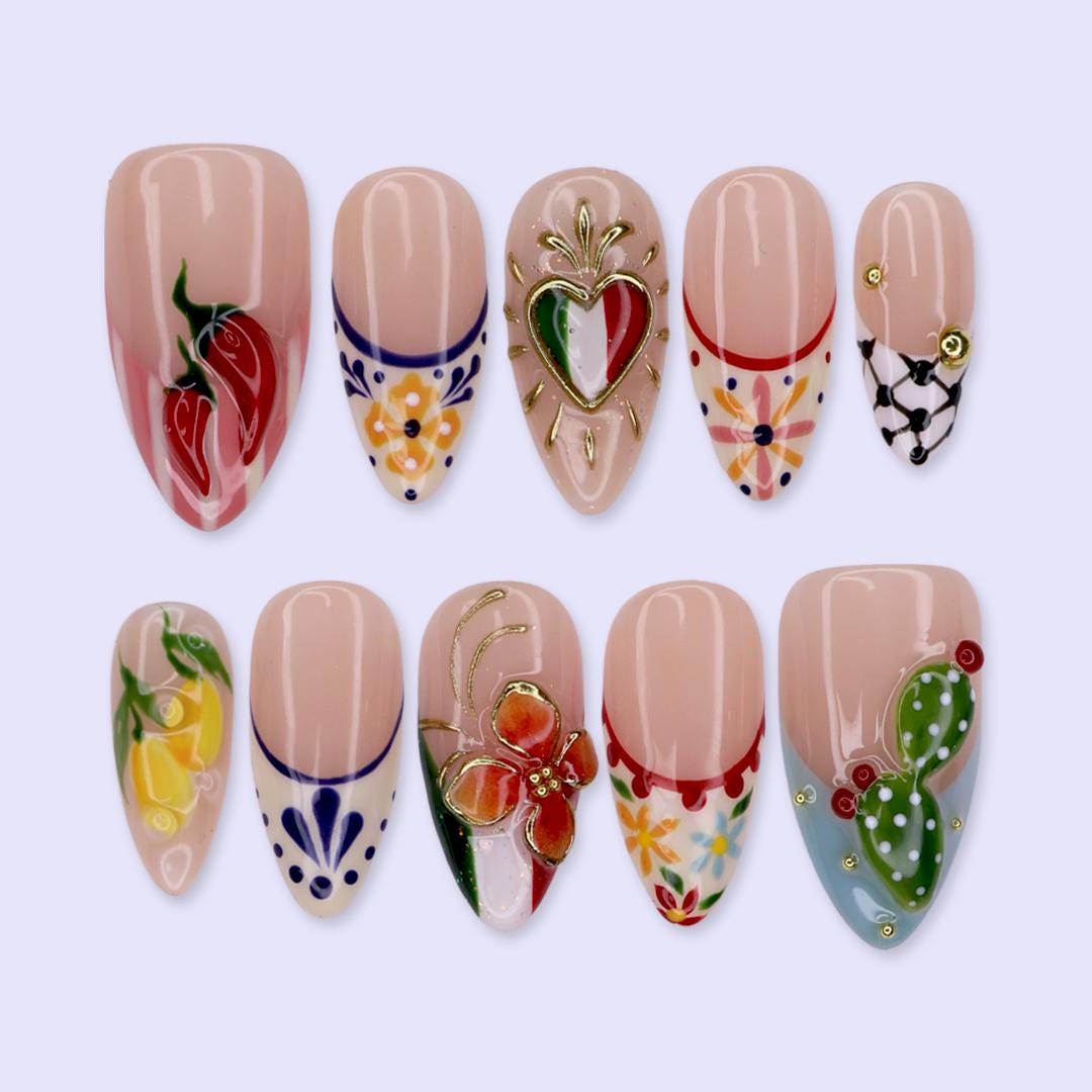 Mexican Folk Art Press On Nails With Chili Peppers, Lemons, Cactus and Sacred Heart