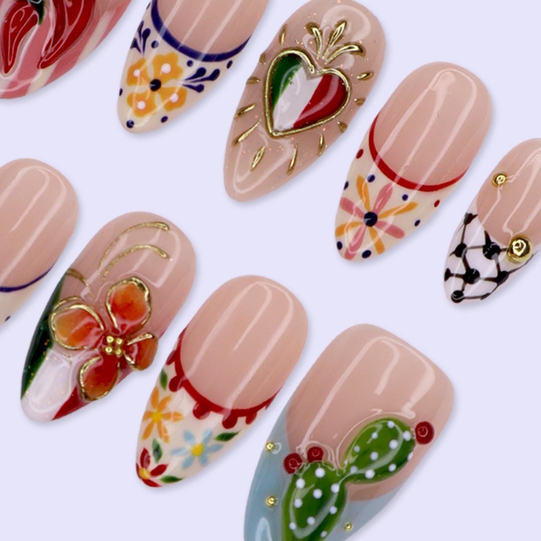 Mexican Folk Art Press On Nails With Chili Peppers, Lemons, Cactus and Sacred Heart