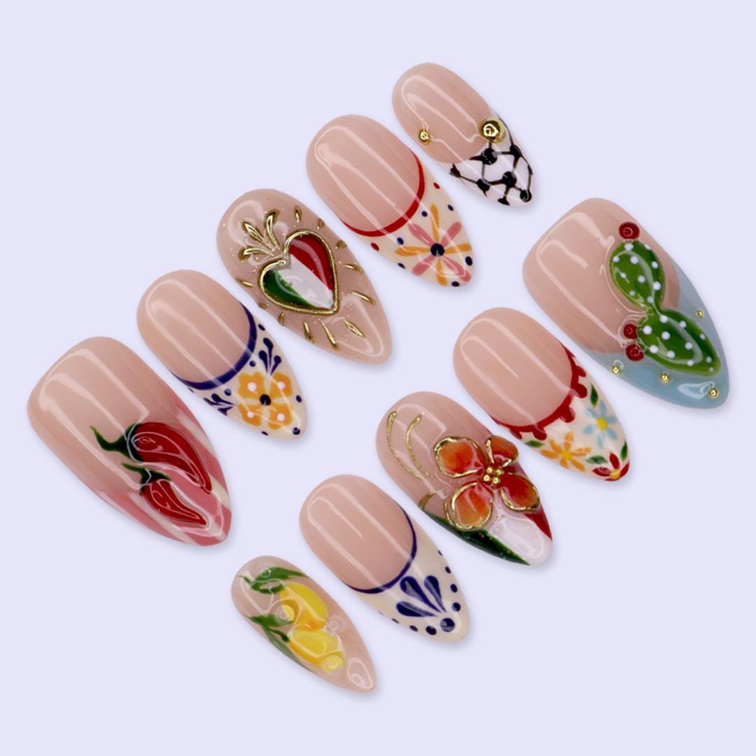 Mexican Folk Art Press On Nails With Chili Peppers, Lemons, Cactus and Sacred Heart