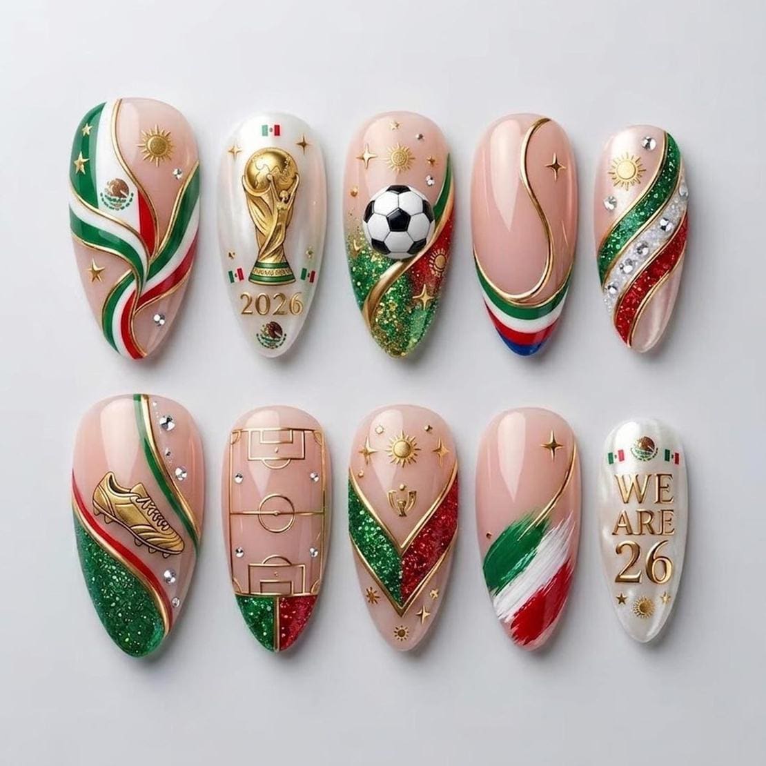 Mexico-Inspired 2026 World Cup Soccer Championship Press-On Nails With Trophy and Soccer Ball