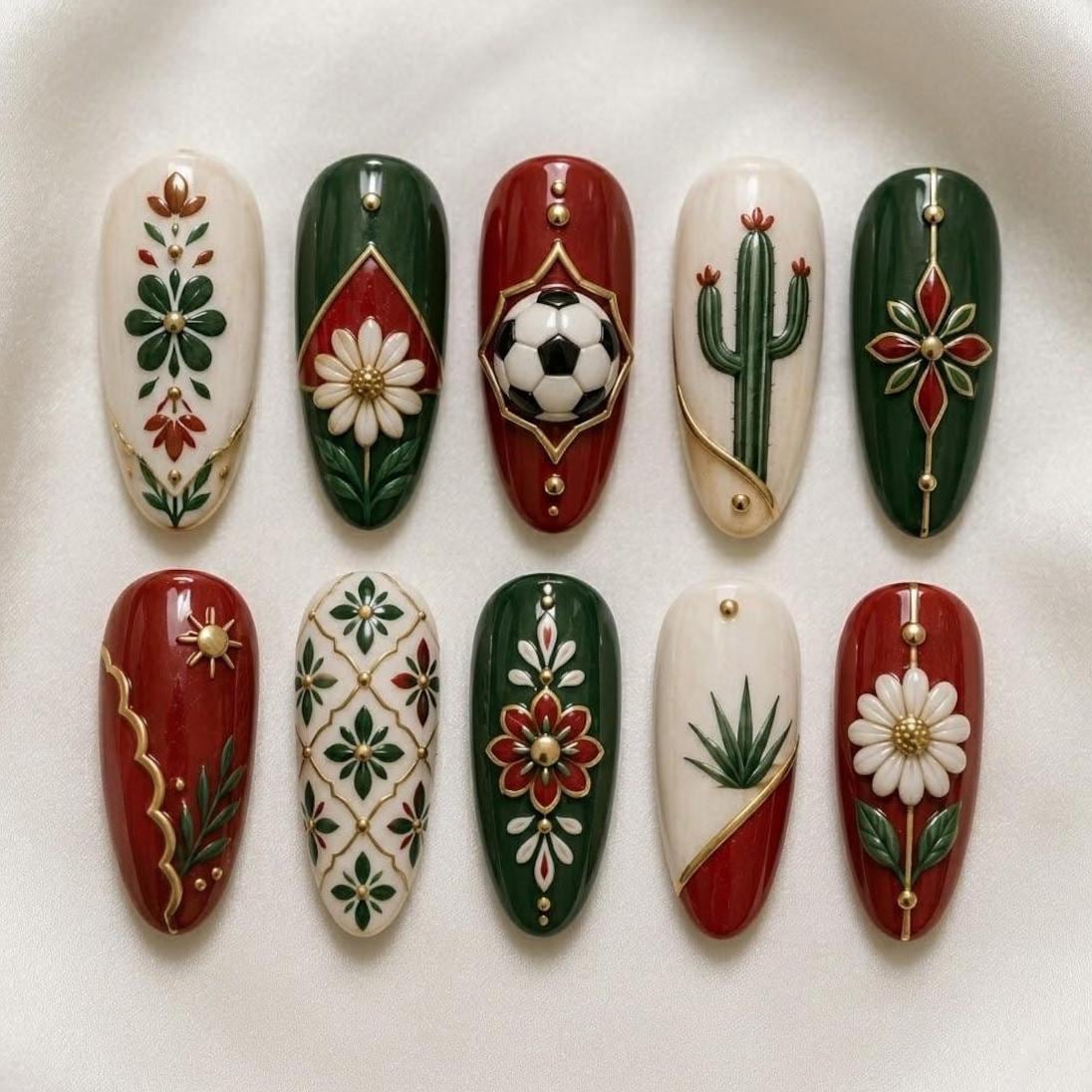 Mexico Soccer Floral Press On Nails With Talavera-Inspired Details