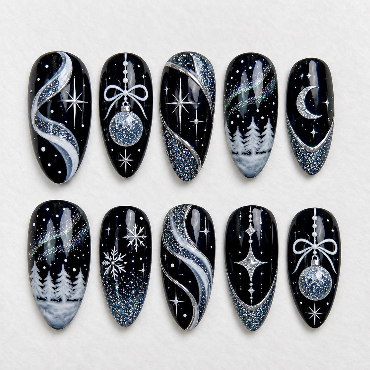 Midnight Black Christmas Nails With Aurora Swirls, Snowflakes and Silver Glitter
