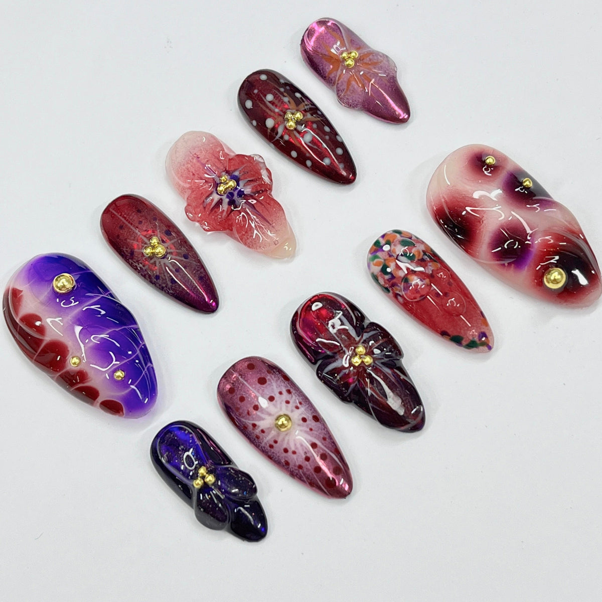 Midnight Blossom Floral Press On Nails With Marbled Colors, Raised Flowers, and Gold Details