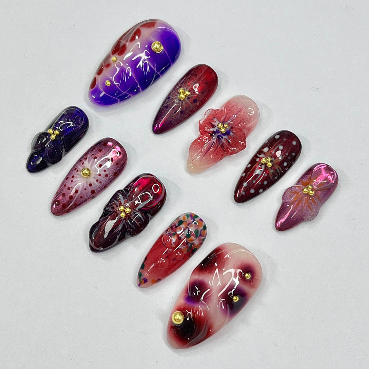 Midnight Blossom Floral Press On Nails With Marbled Colors, Raised Flowers, and Gold Details