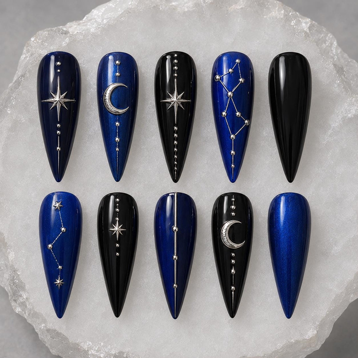 Midnight Blue and Black Celestial Nails with Silver Moons and Stars