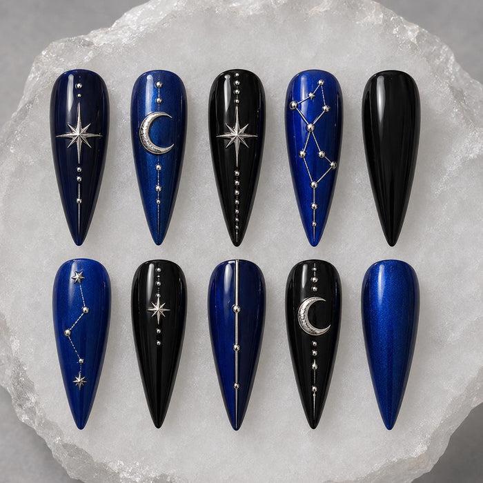 Midnight Blue and Black Celestial Press On Nails with Silver Moons and Stars