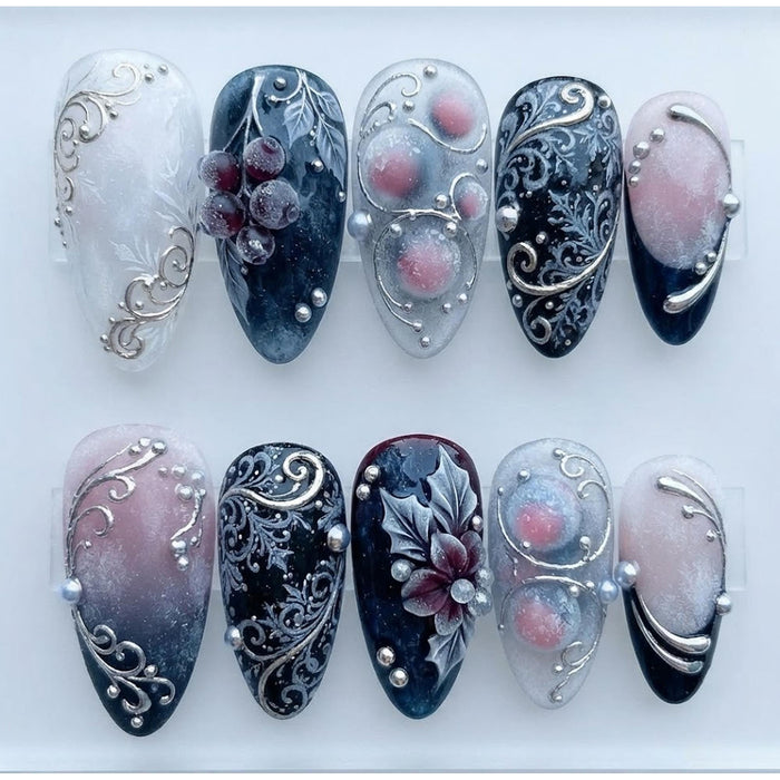 Midnight Blue and Frosted Pink Winter Press On Nails With Silver Filigree and Berry Accents