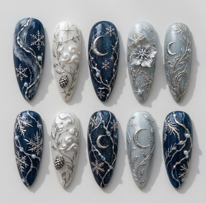 Midnight Blue and Slate Grey Celestial Winter Press On Nail Set with Silver Details