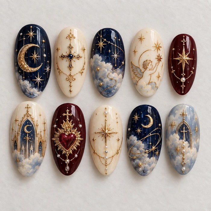 Midnight Blue Celestial and Sacred Heart Press On Nail Set