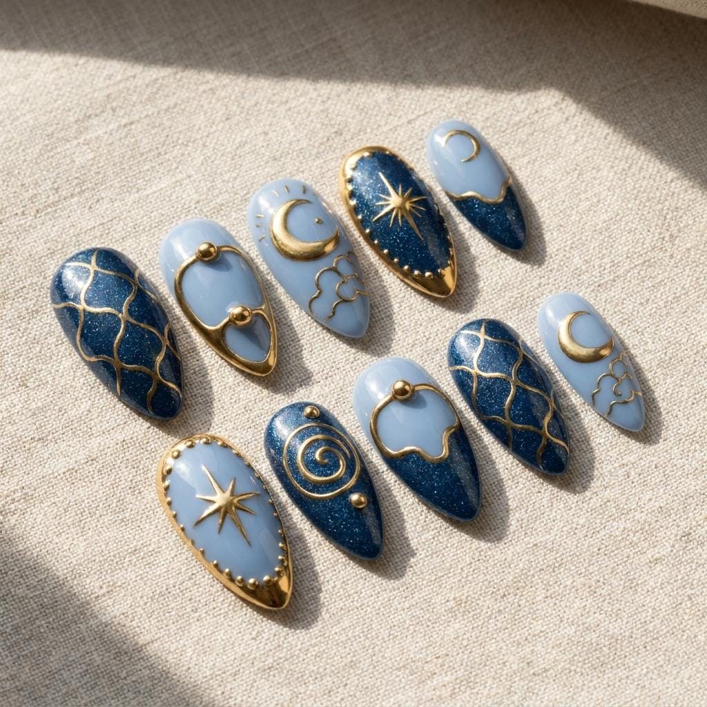Midnight Blue Celestial Press On Nails with Gold Moons and Stars