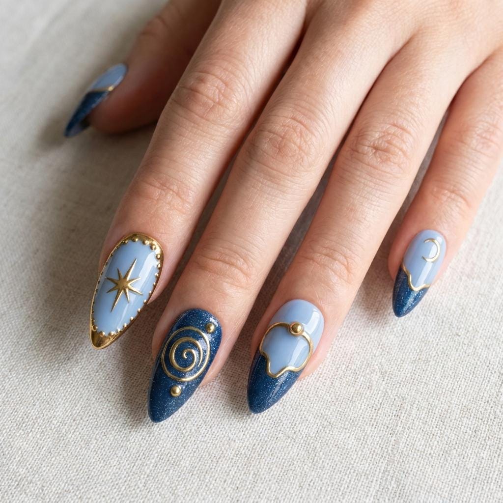 Midnight Blue Celestial Press On Nails with Gold Moons and Stars