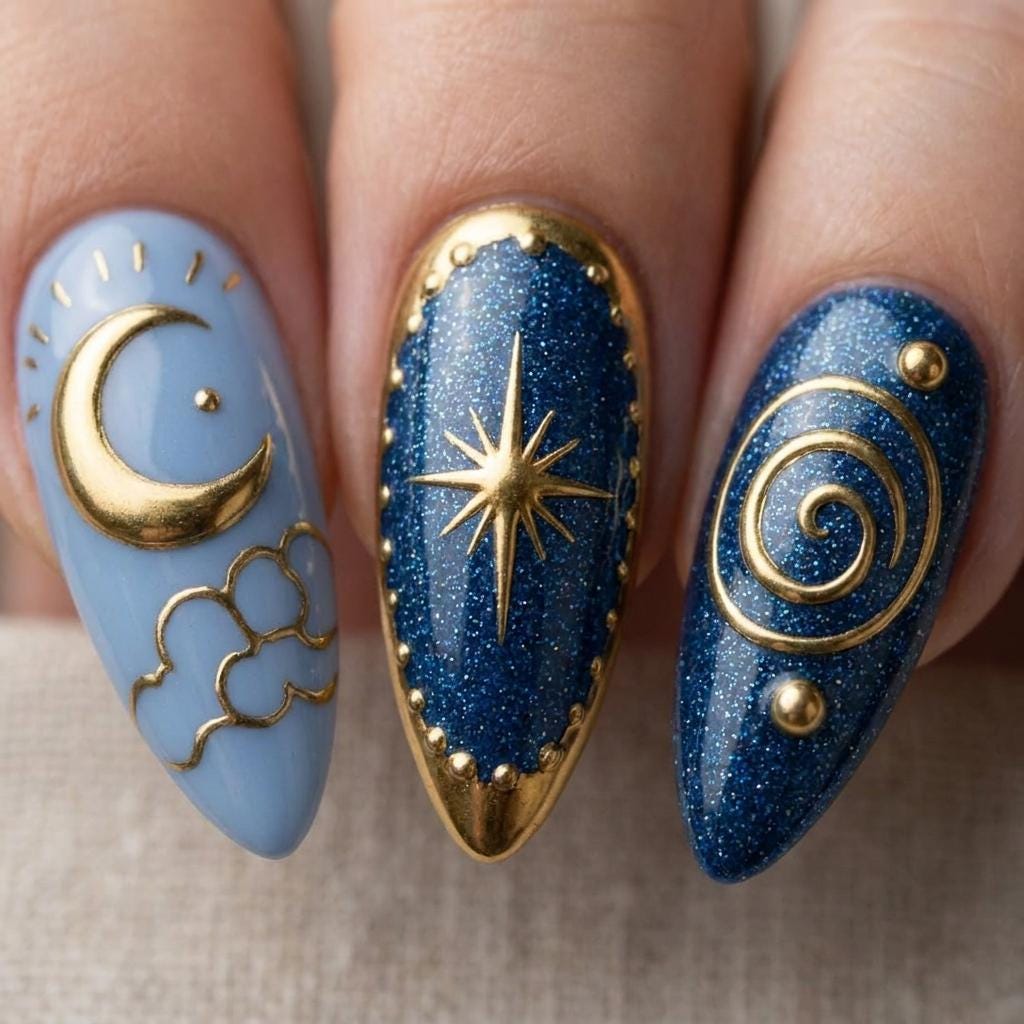 Midnight Blue Celestial Press On Nails with Gold Moons and Stars