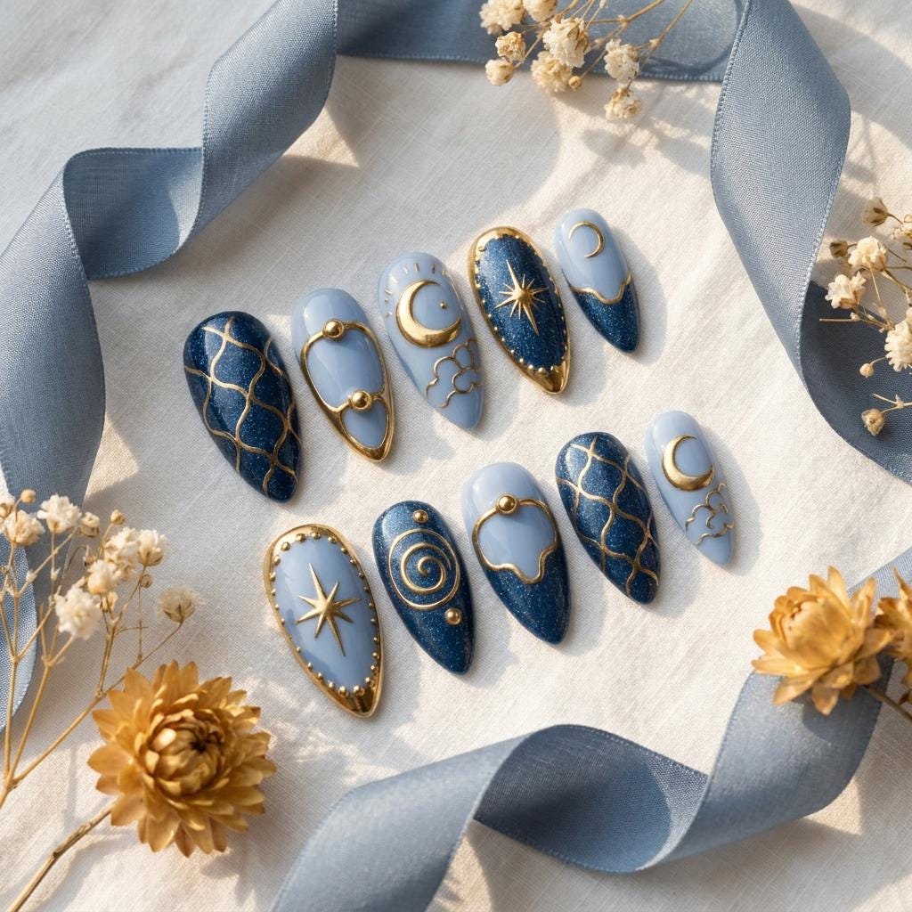 Midnight Blue Celestial Press On Nails with Gold Moons and Stars