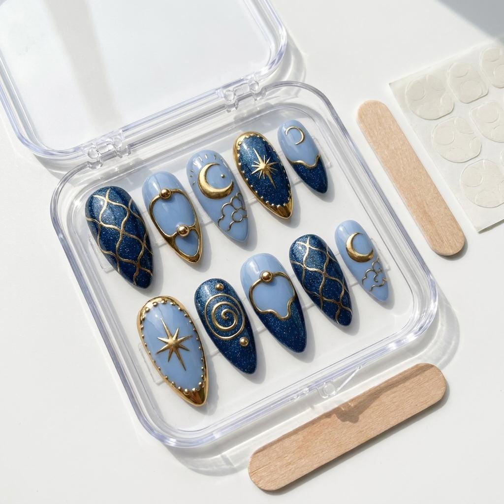 Midnight Blue Celestial Press On Nails with Gold Moons and Stars
