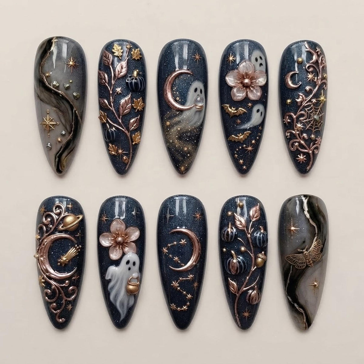 Midnight Blue Gothic Celestial Halloween Nails With Rose Gold Moons, Ghosts and Pumpkins
