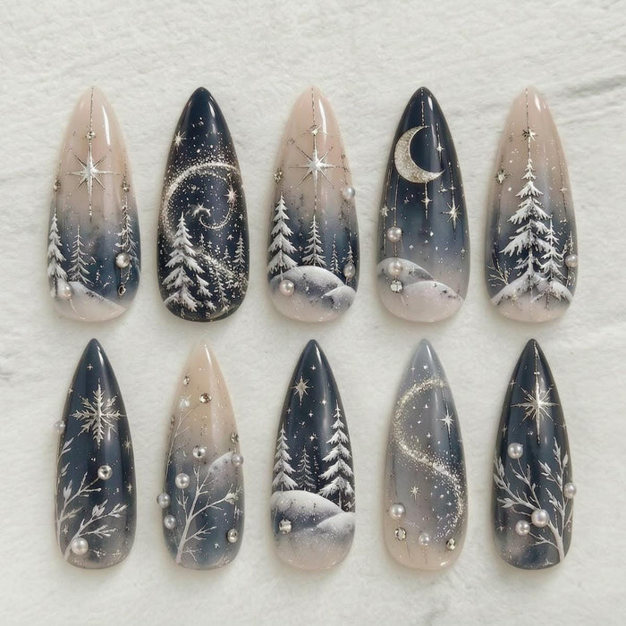 Midnight Blue Snowy Woodland Press On Nails With Crescent Moons and Stars