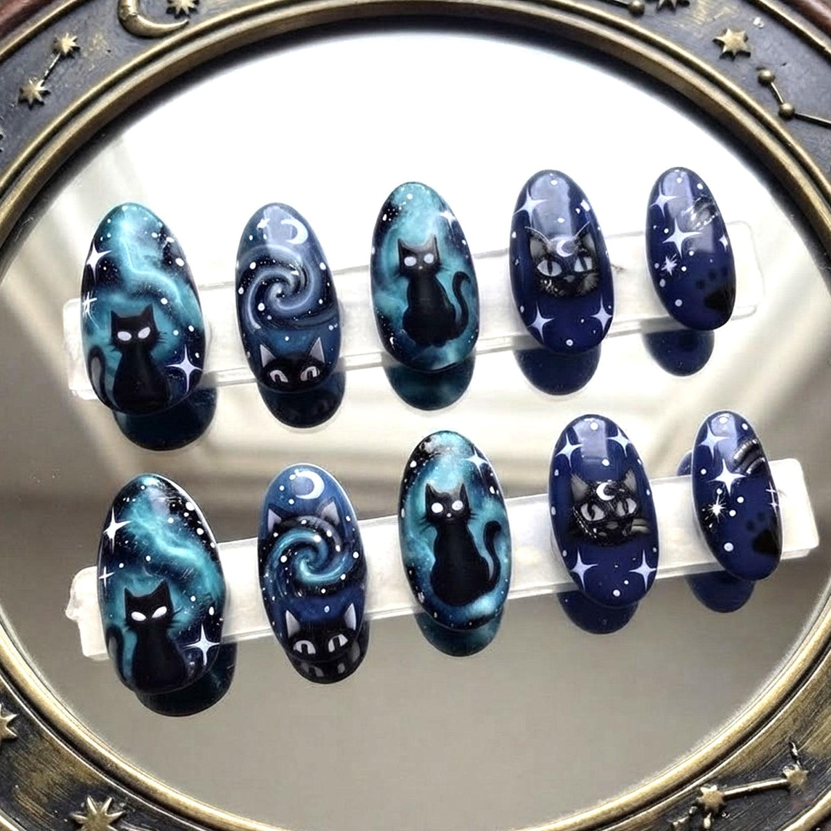 Midnight Cat Galaxy Press-On Nails With Moons, Stars and Nebula Art