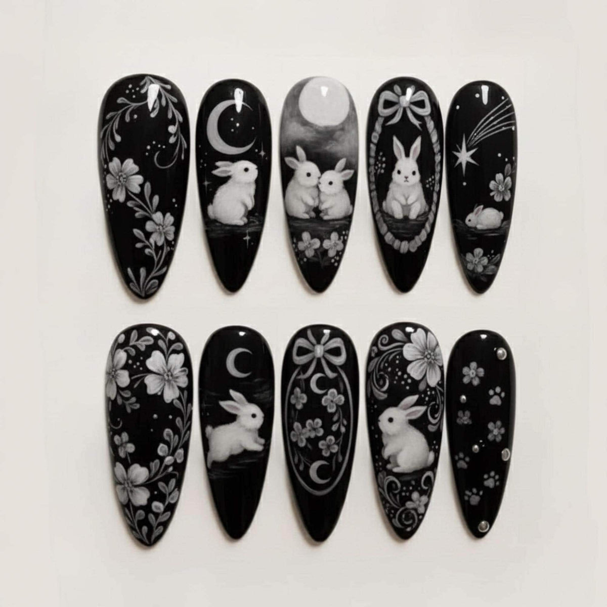 Midnight Moon Bunny Nail Set With Monochrome Florals and Celestial Details