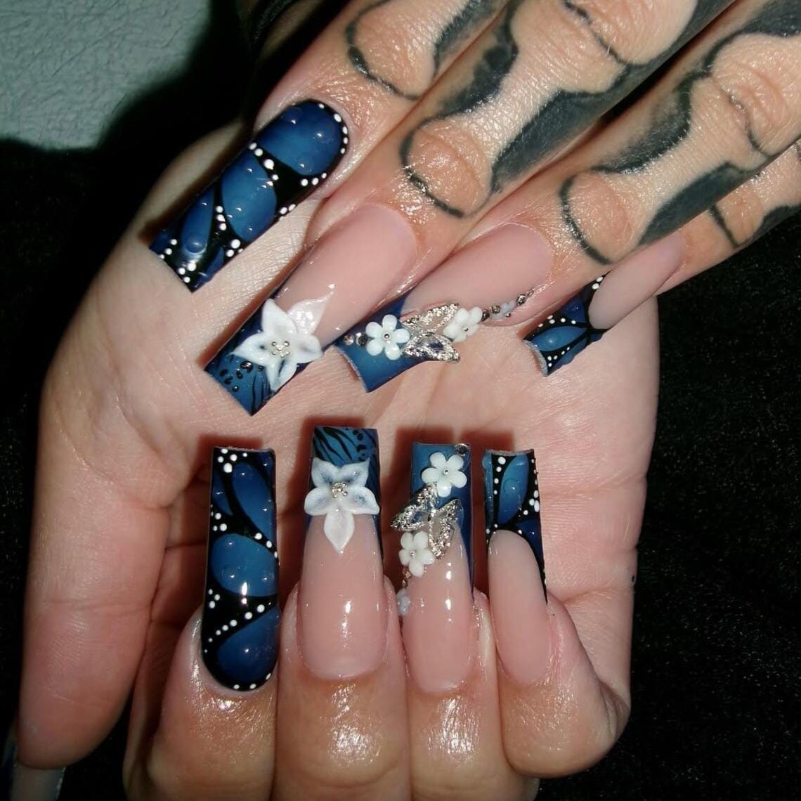 Midnight Navy Butterfly-Wing Press-On Nails With Raised White Flowers