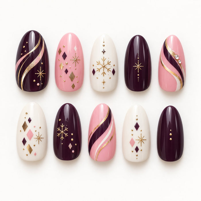 Midnight Plum, Pink and Cream Christmas Confetti Nail Set