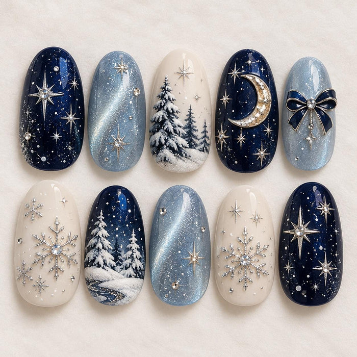 Midnight Snowfall Press On Nails With Celestial Stars, Moon, Snowflakes and Pine Trees