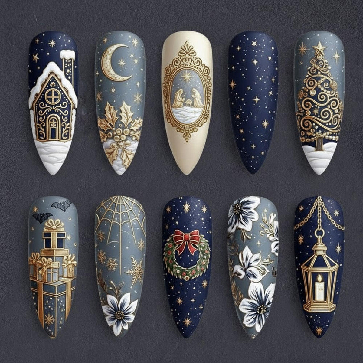 Midnight Winter Christmas Nail Set with Gold Stars and 3D Holiday Motifs