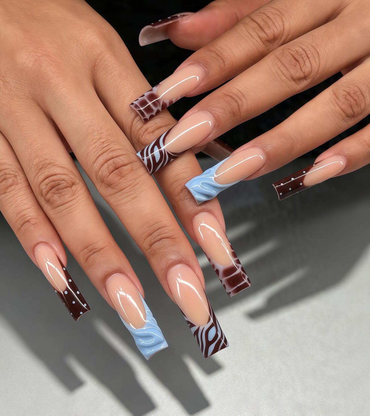 Milk Coffee and Blue Wave French Tip Nail Set with Polka Dots